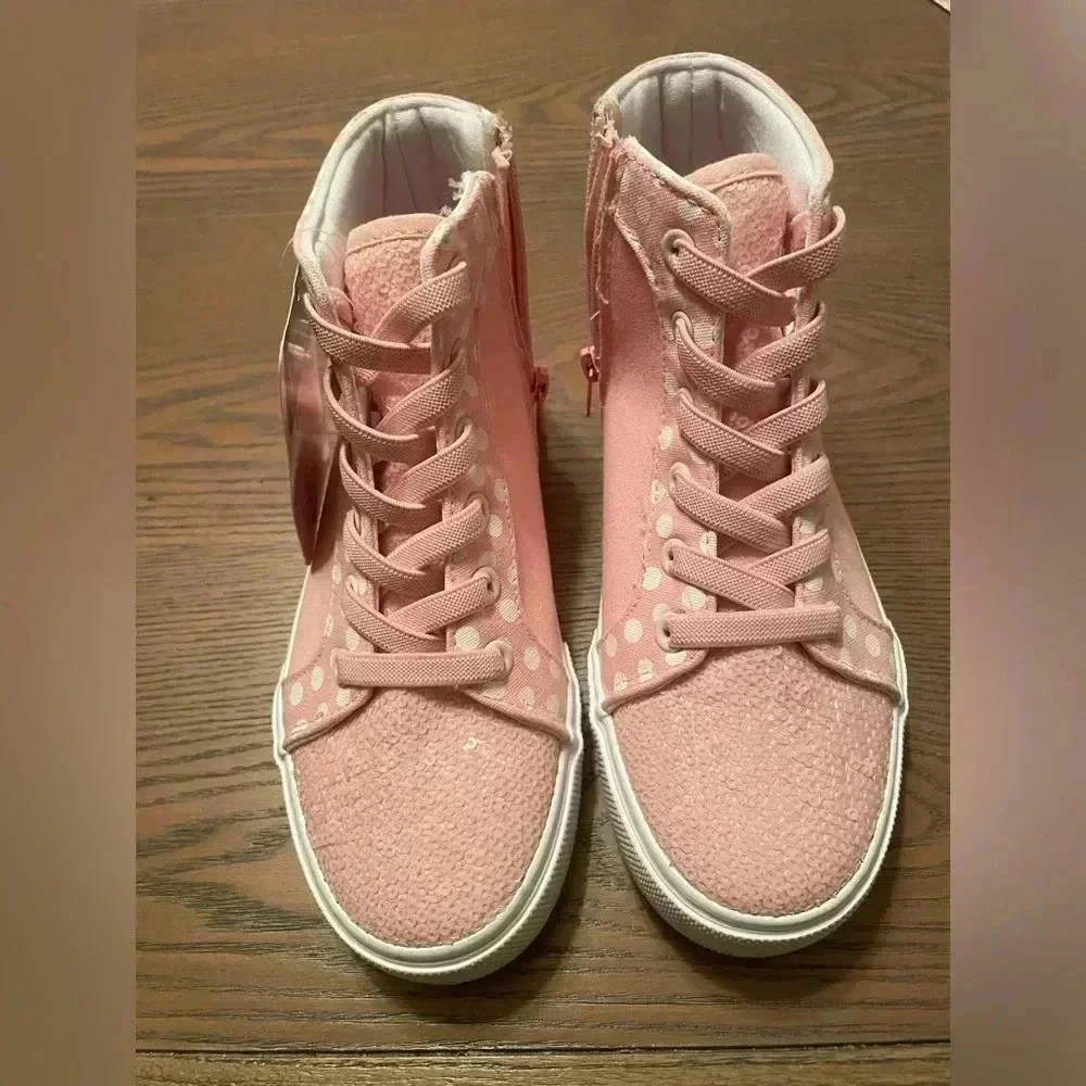 DISNEY Minnie Mouse Girls Hi Top SNEAKERS PInk & SEQUINS Sz 2 New With Tags